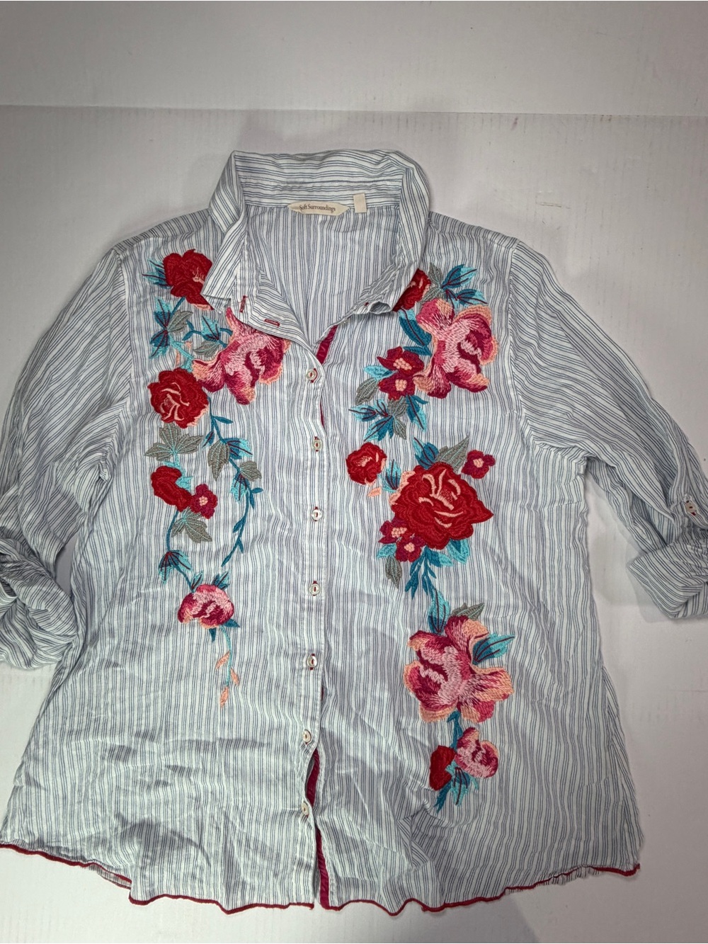 Soft Surroundings Blue and White Striped Button-Down with Red Floral Embroidery